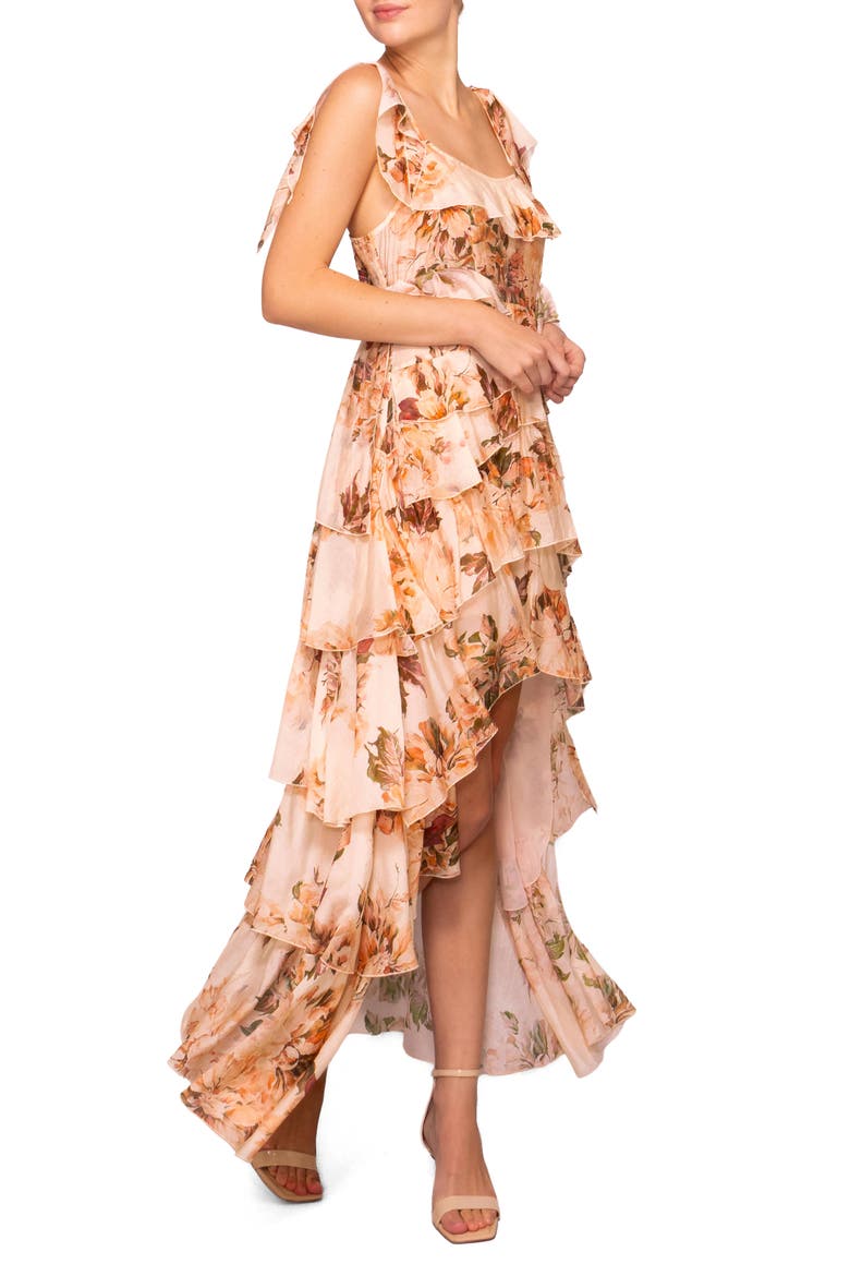 Floral Hig-Low Tiered Maxi Dress, Alternate, color, PEACH FLORAL