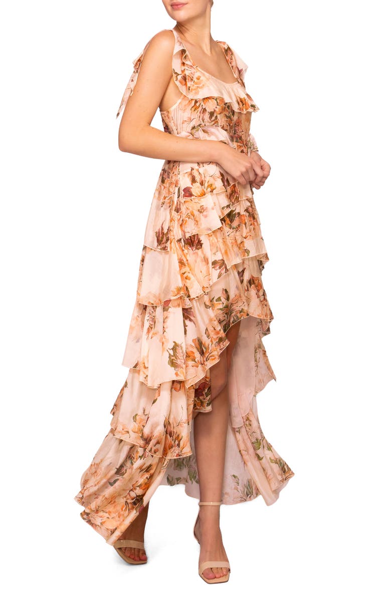 MELLODAY Floral Hig-Low Tiered Maxi Dress, Alternate, color, Peach Floral