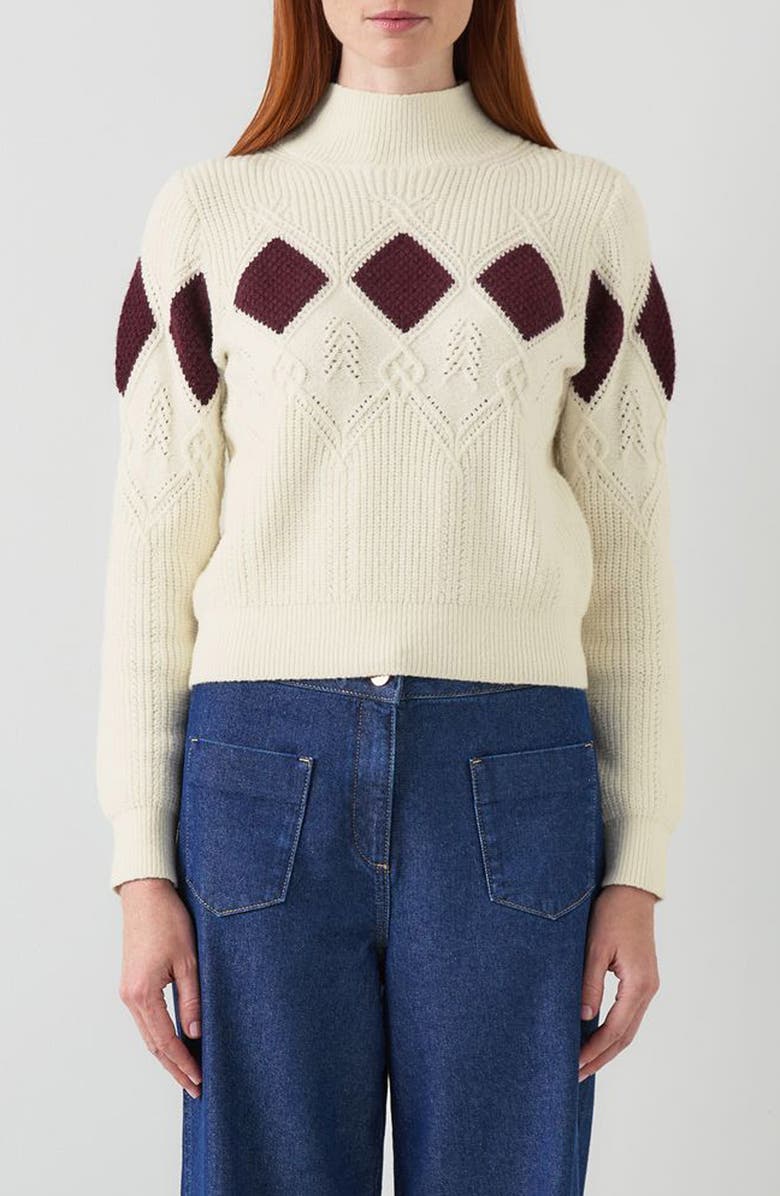 LK Bennett Meera Argyle Mock Neck Cotton Blend Sweater, Main, color, Cream Multi