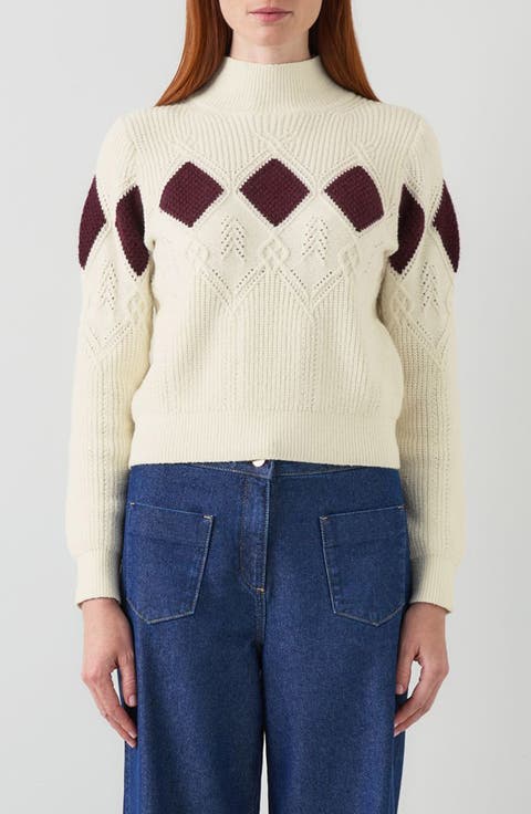 Meera Argyle Mock Neck Cotton Blend Sweater