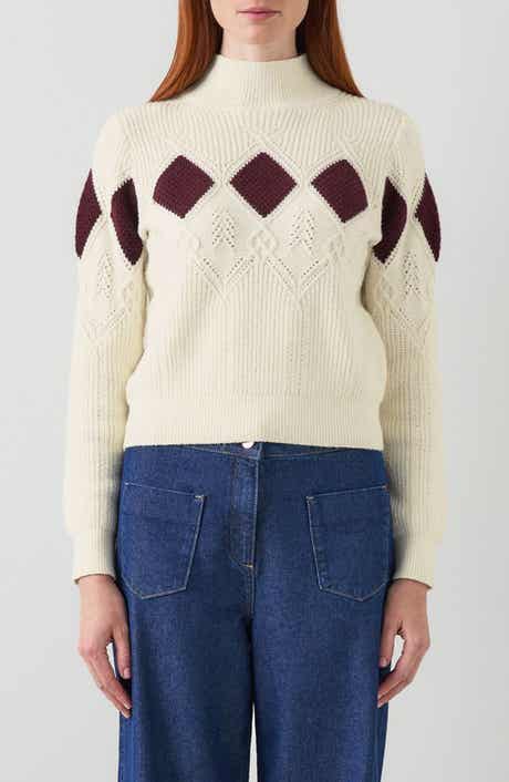 Meera Argyle Mock Neck Cotton Blend Sweater