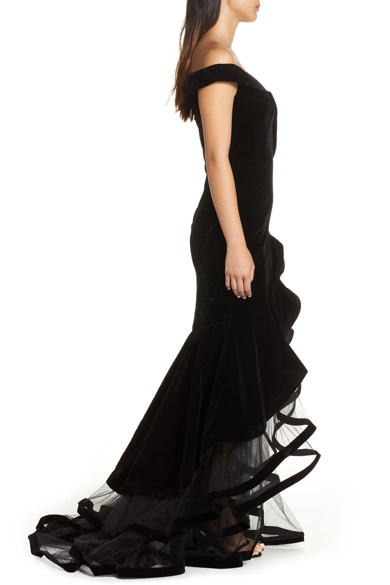 Off the Shoulder Tiered Ballgown, Alternate, color, BLACK