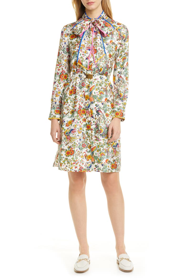 Print Contrast Binding Long Sleeve Silk Shirtdress, Main, color, NEW IVORY PROMISED LAND