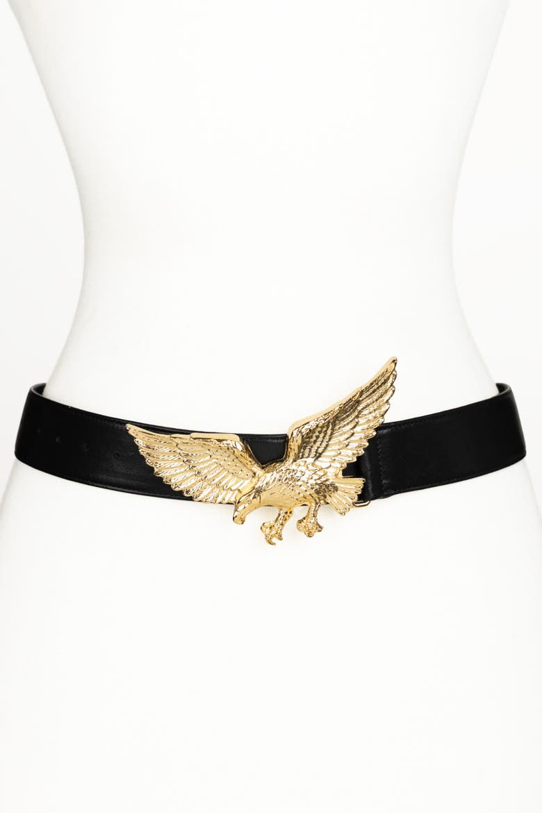 Eagle Buckle Leather Belt, Main, color, Black