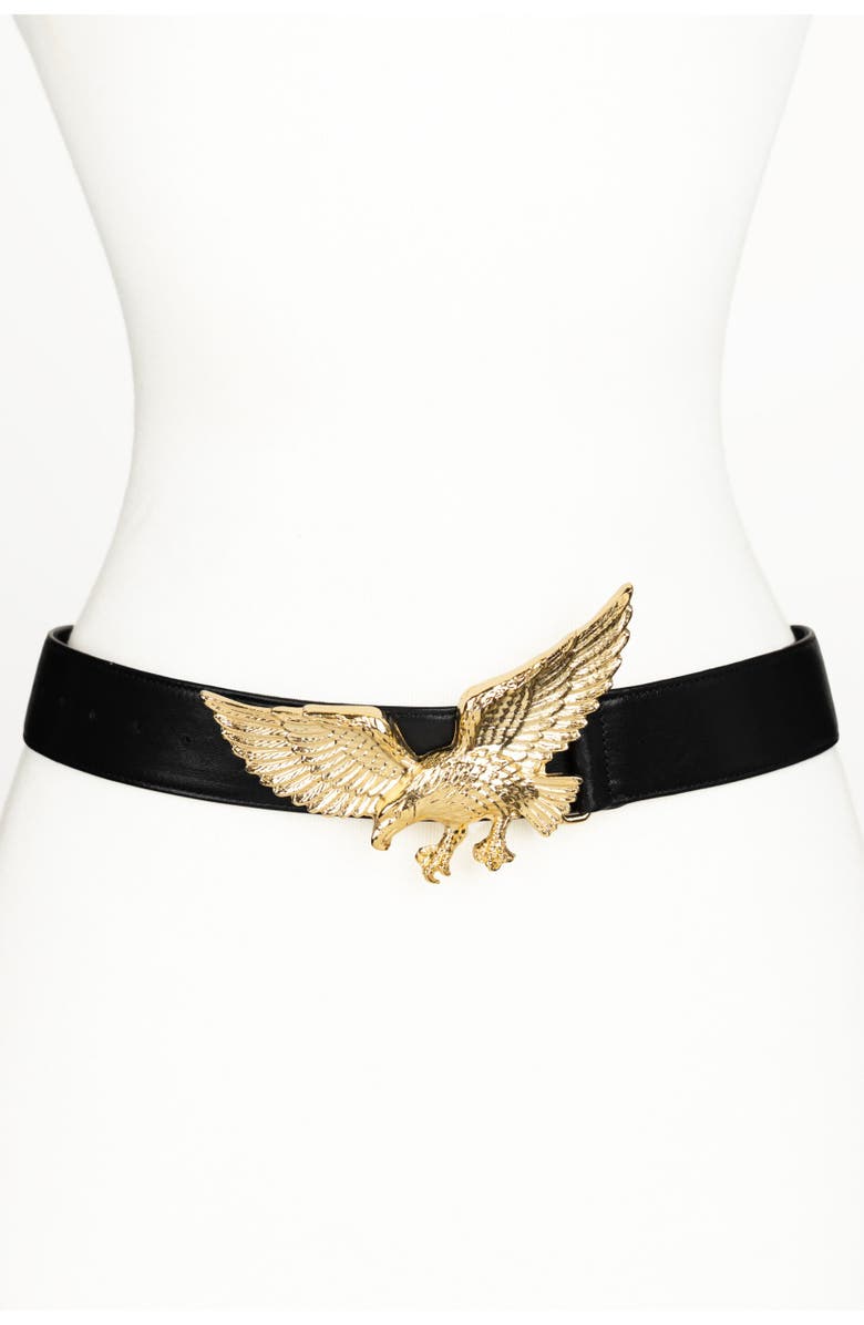 Raina Belts Eagle Buckle Leather Belt, Main, color, Black