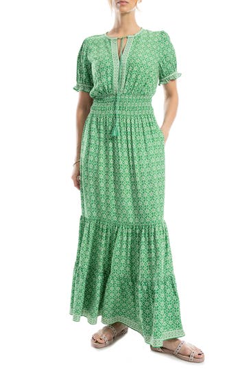 Max Studio Short Sleeve Tiered Maxi Dress In Amazon/cream Ukiyo
