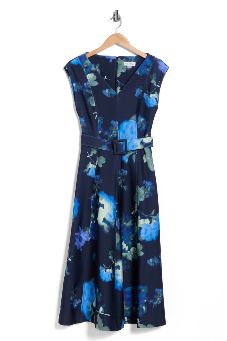 Floral Cap Sleeve Belted A-Line Dress, Main, color, INDIGO MULTI