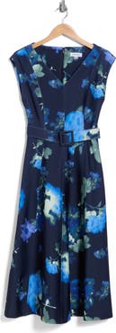 Calvin Klein Floral Cap Sleeve Belted A-Line Dress