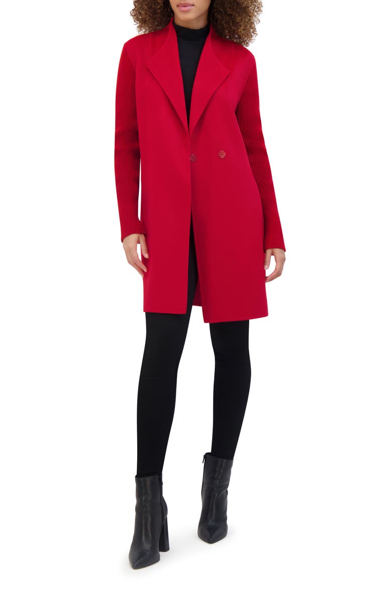 Knit Sleeve Wool Blend Coat, Alternate, color, RED