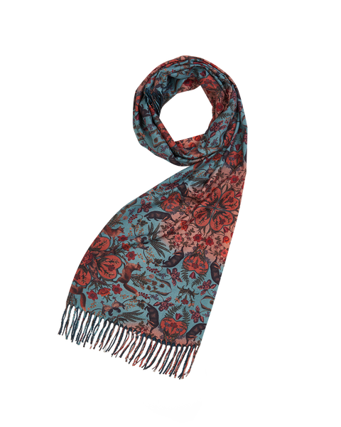 Folksy Fox Teal Scarf with Tassels