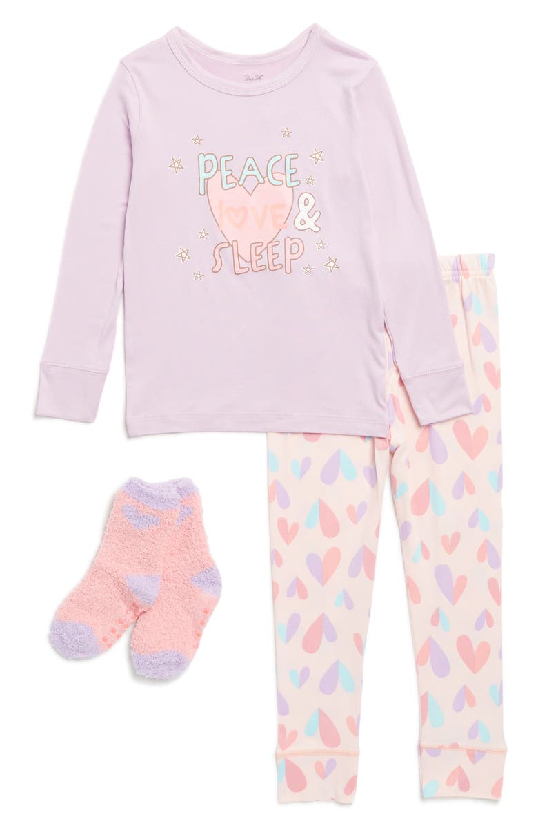 RENE ROFE GIRL Kids' Peace, Love & Sleep Fitted Two-Piece Pajamas & Socks Set, Main, color,