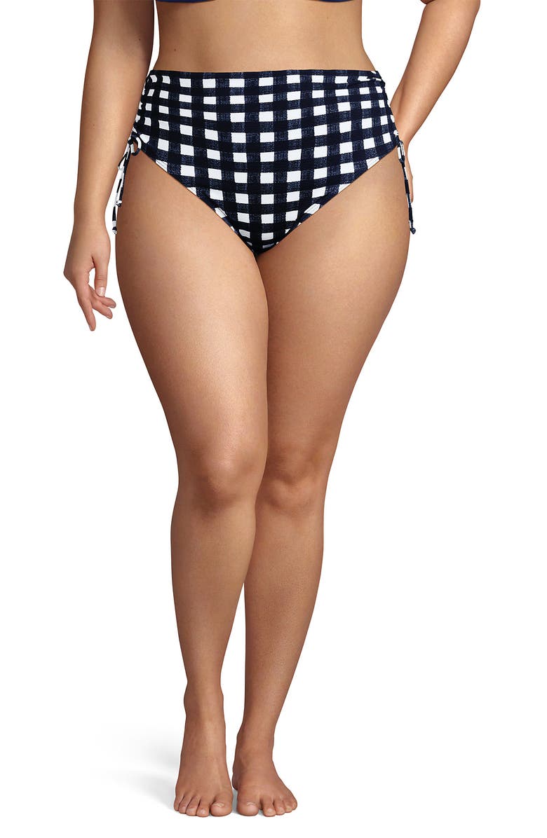 Lands' End Chlorine Resistant Adjustable High Waisted Bikini Swim Bottoms, Alternate, color, Navy Gingham Pique