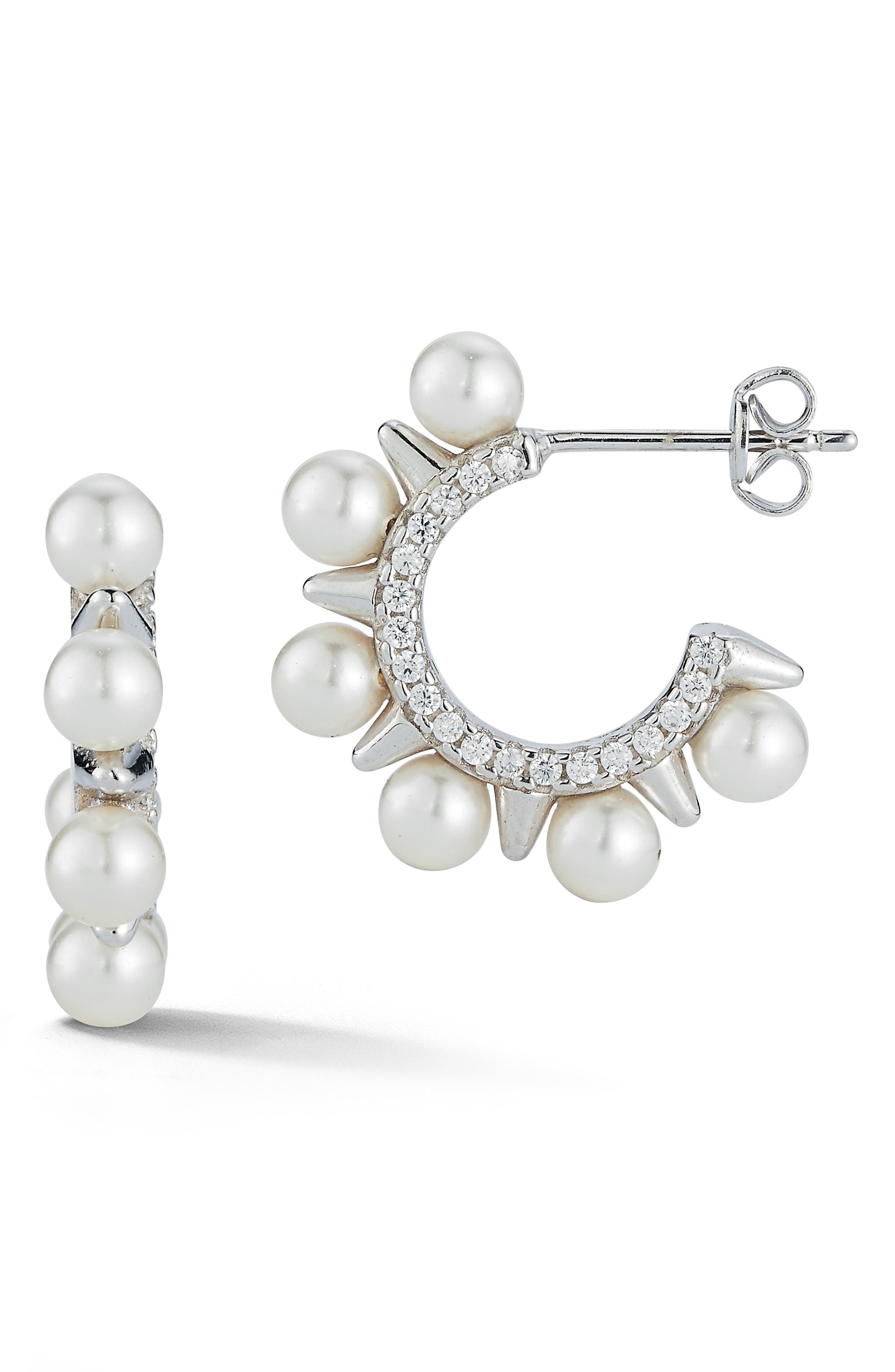 Cultured Pearl & Cubic Zirconia Huggie Hoop Earrings