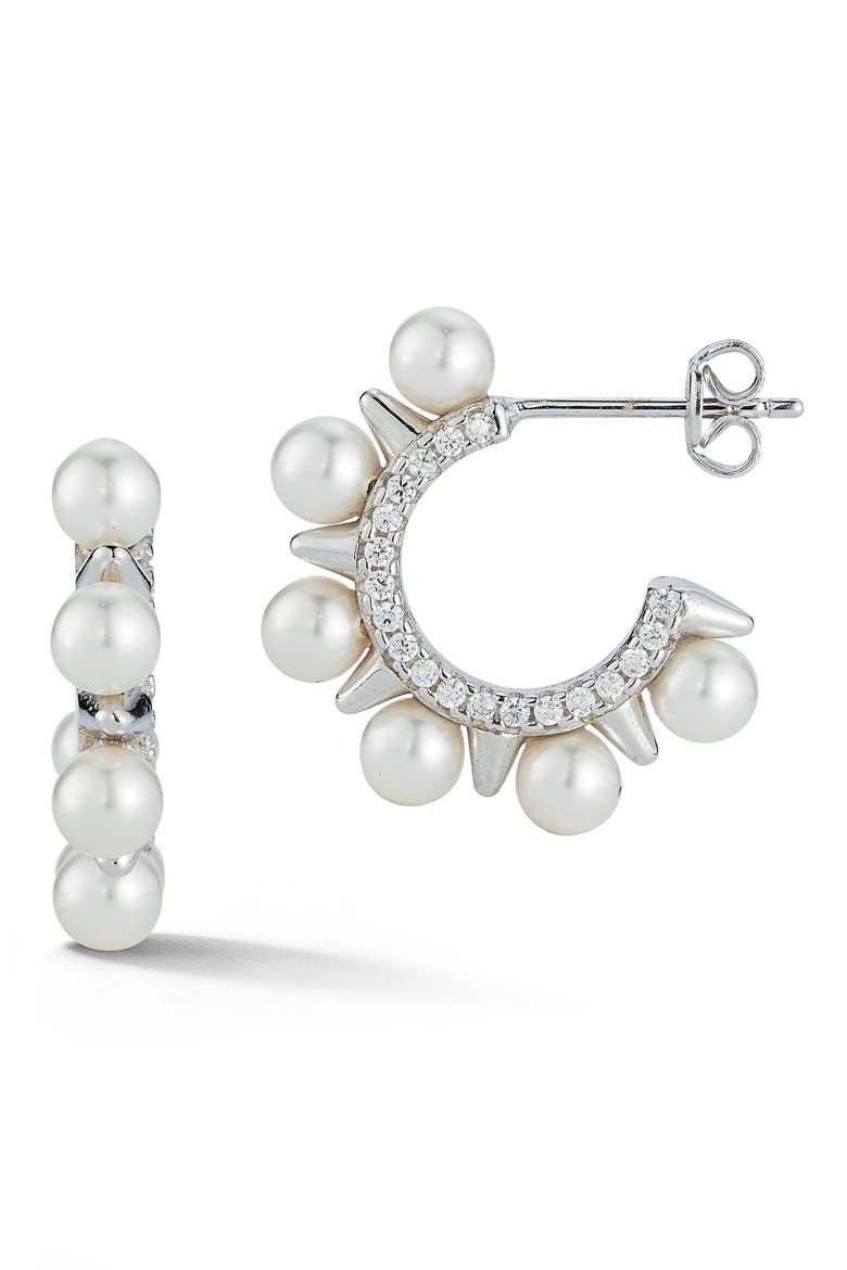 Cultured Pearl & Cubic Zirconia Huggie Hoop Earrings, Main, color, SILVER
