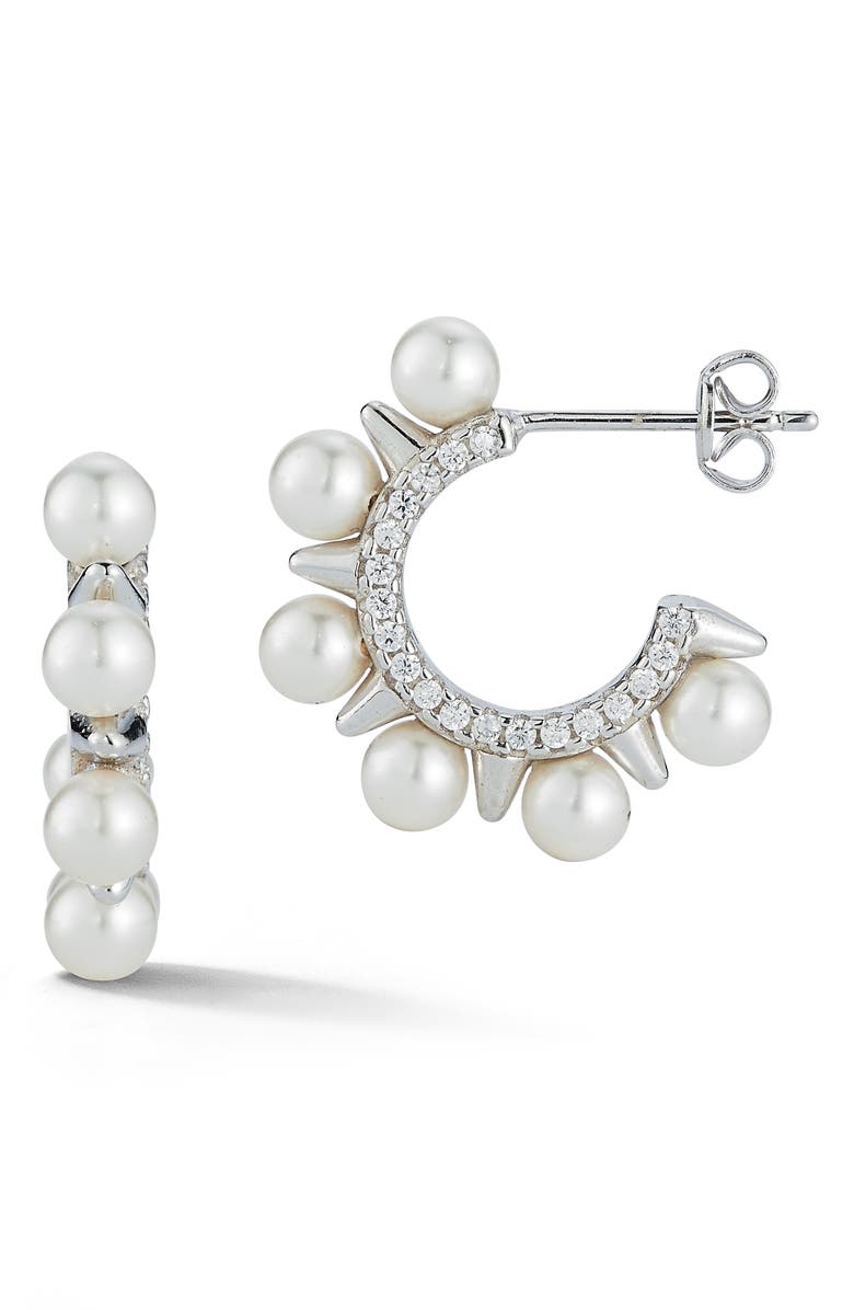 SPHERA MILANO Cultured Pearl & Cubic Zirconia Huggie Hoop Earrings, Main, color, Silver