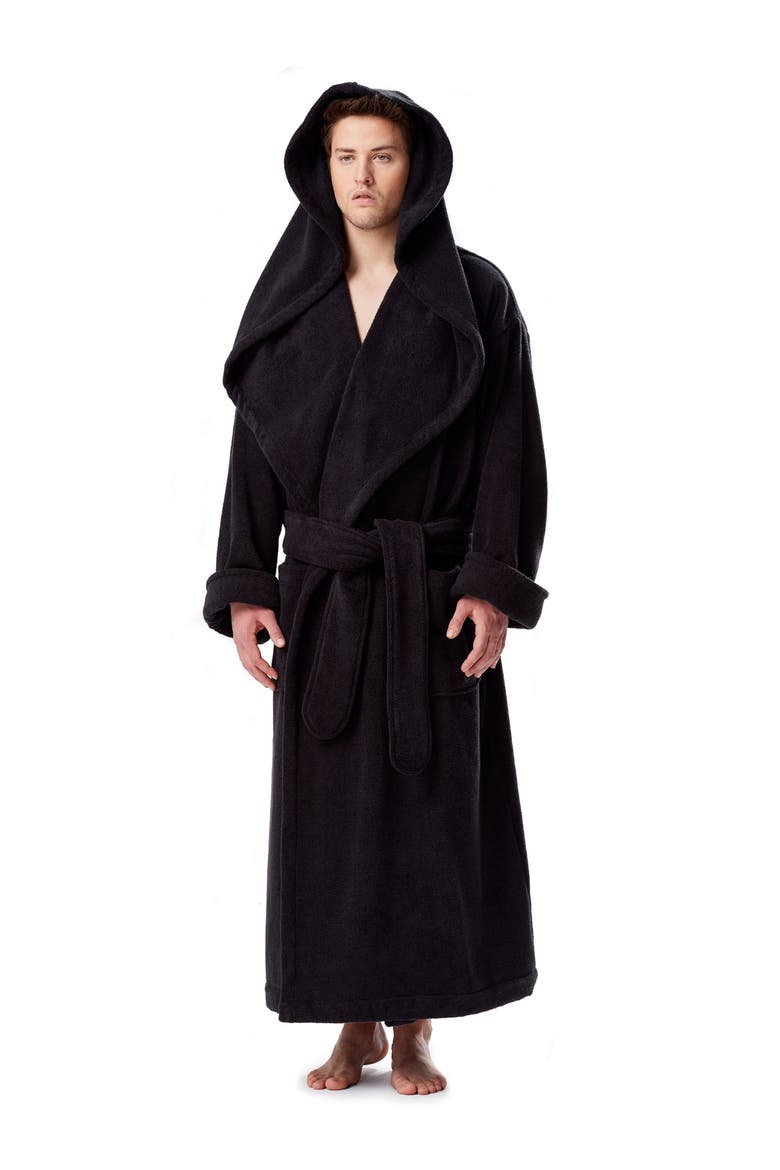 Men's Monk Style Full Length Long Terry Cotton Bathrobe, Main, color, Black