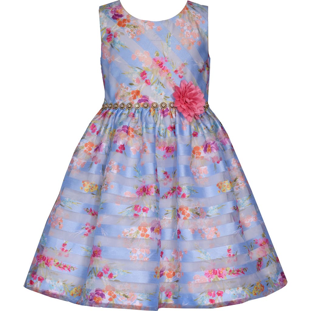 Iris & Ivy Kids' Floral Shadow Stripe Party Dress In Blue