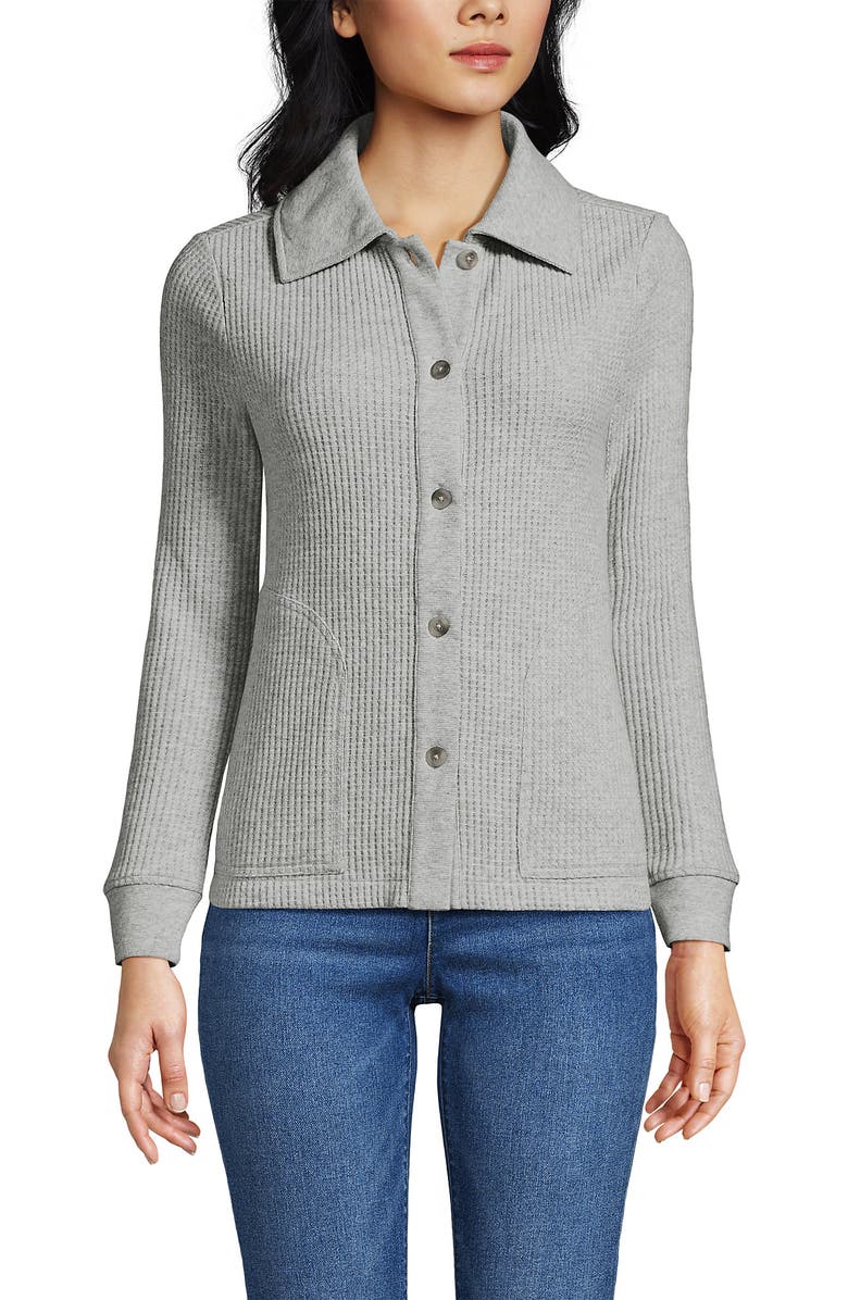 Lands' End Waffle Relaxed Long Sleeve Shirt Jacket, Alternate, color, Gray Heather