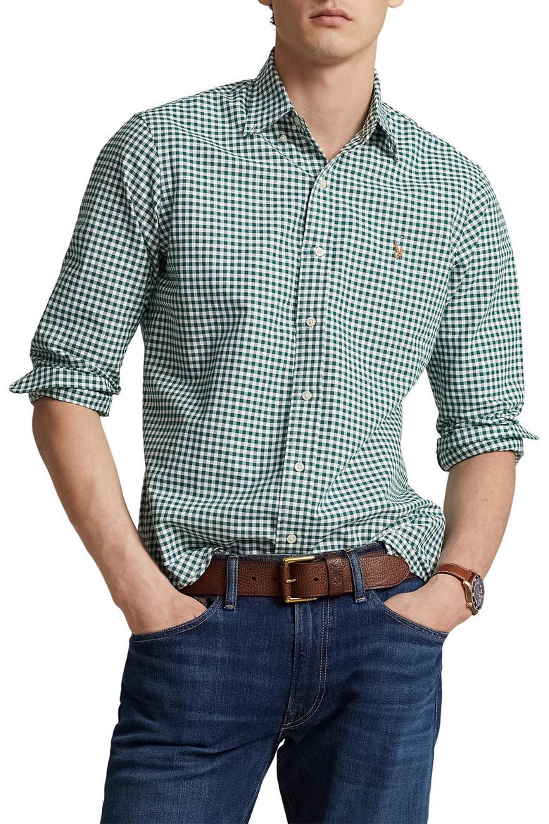Gingham Button-Down Oxford Shirt, Main, color, 4338F PINE/ WHITE
