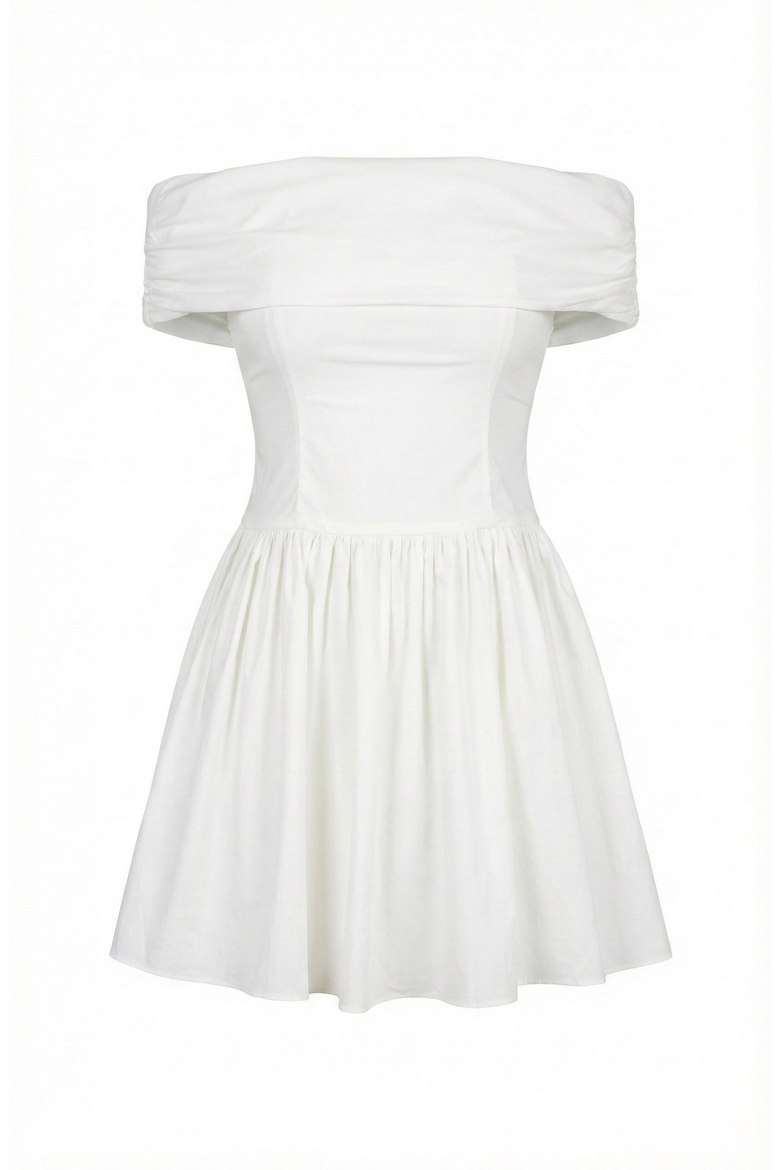 Off-Shoulder Ruched Bodice Mini Dress with Flowy Skirt, Alternate, color, White