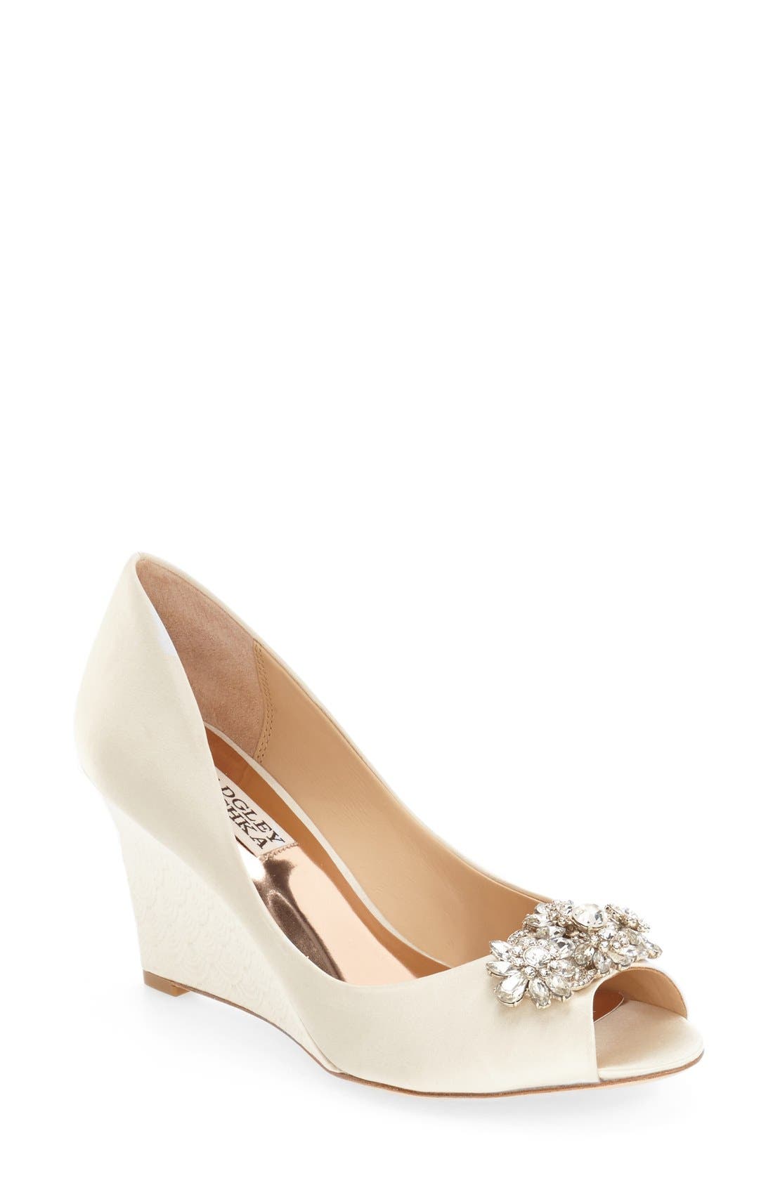 Badgley Mischka 'Dara' Crystal-Encrusted Peep-Toe Wedge, Main, color, IVORY SATIN