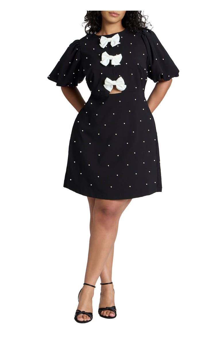 ELOQUII Pearl Mini Dress With Bows, Main, color, Black Onyx