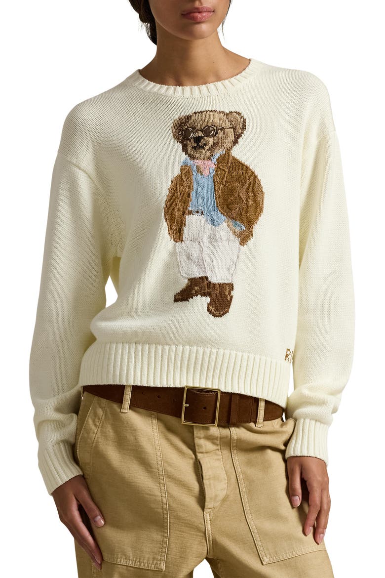 Traveler Bear Jacquard Cotton Crewneck Sweater, Main, color, PARCHMENT CREAM