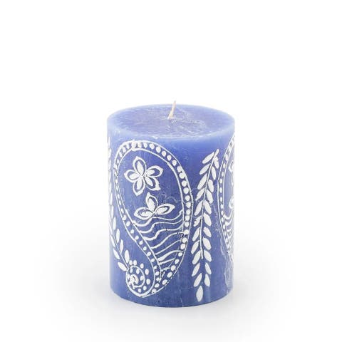 Henna White on Blue Painted Pillar Candle