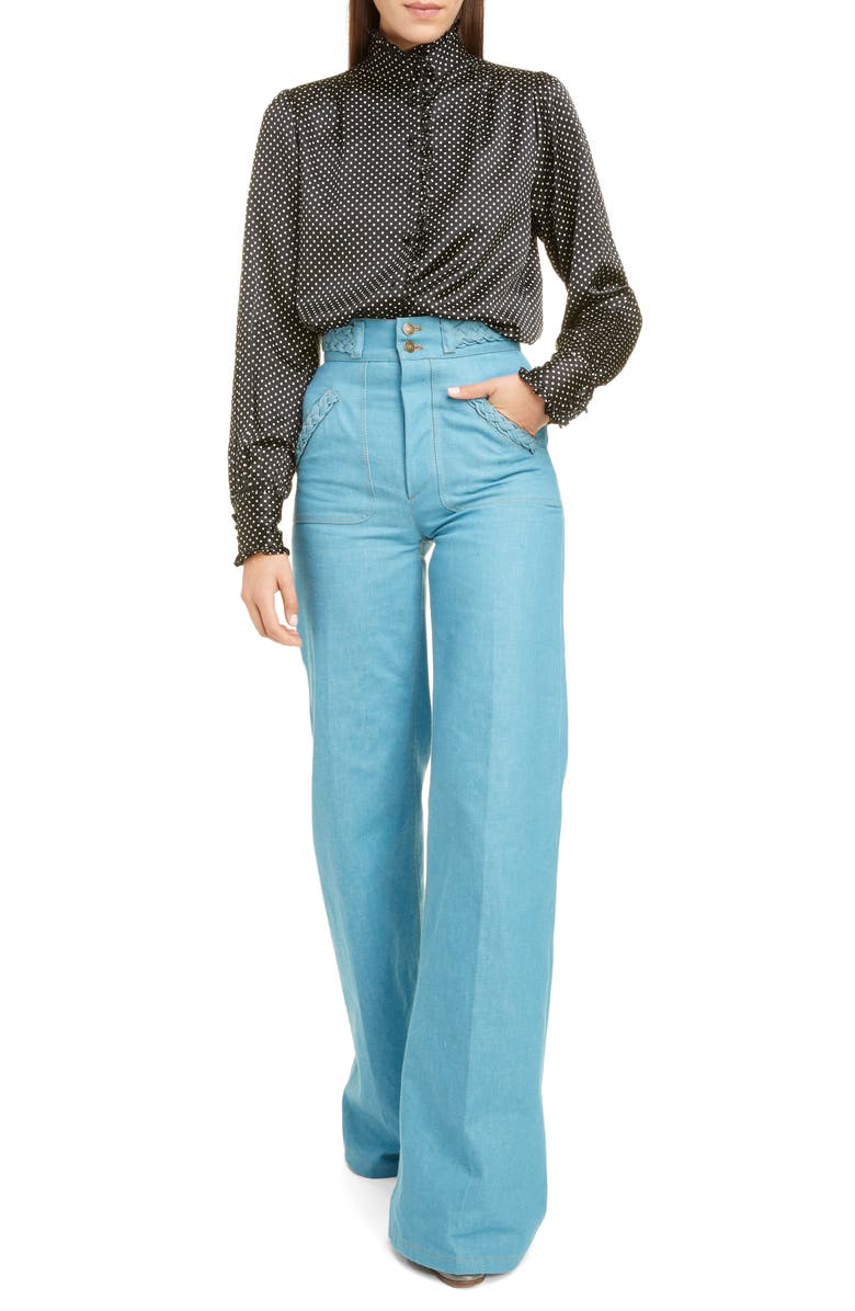 Runway Marc Jacobs Ruffle Trim Polka Dot Silk Blouse, Alternate, color,