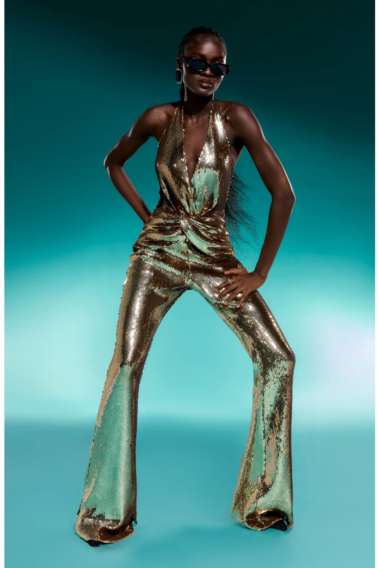 Tianna Sequin Halter Flare Jumpsuit, Alternate, color, GOLD