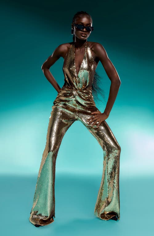 NADINE MERABI NADINE MERABI TIANNA SEQUIN HALTER FLARE JUMPSUIT 