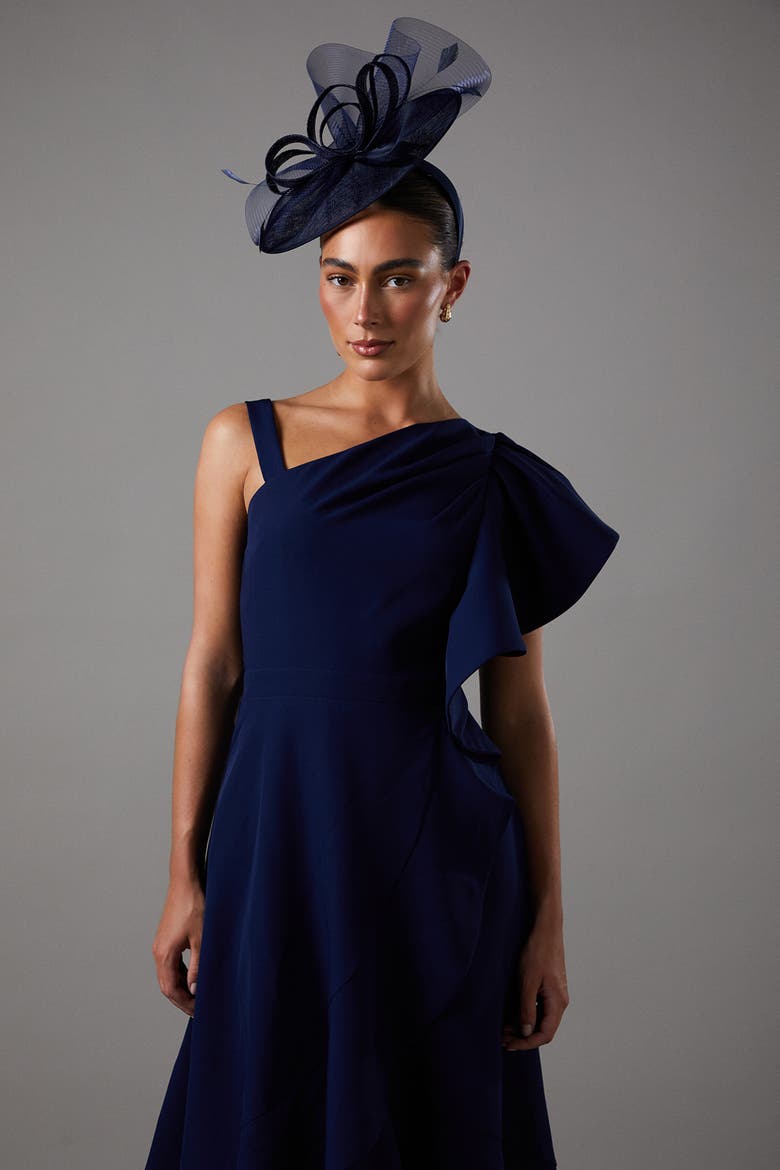 One Shoulder Crepe Ruffle Midi Dress, Alternate, color, Navy
