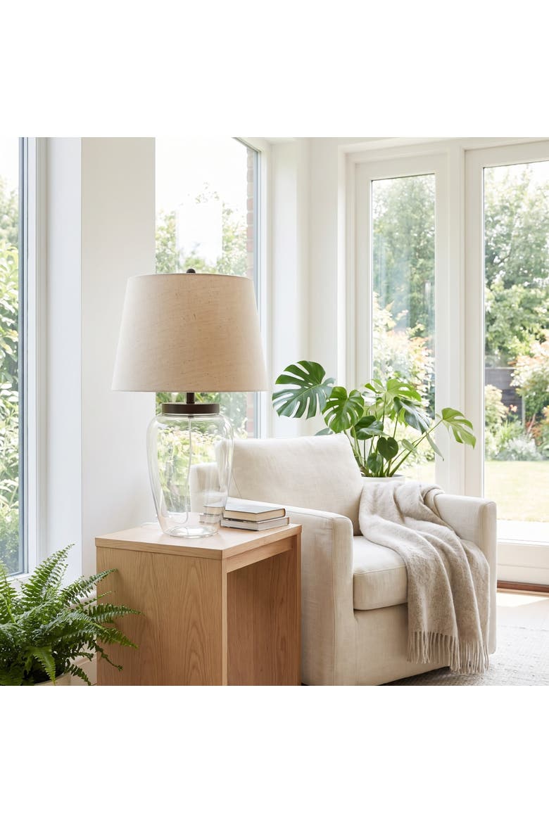 Fillable Glass Table Lamp with Linen Shade, Clear and White, Alternate, color, Clear