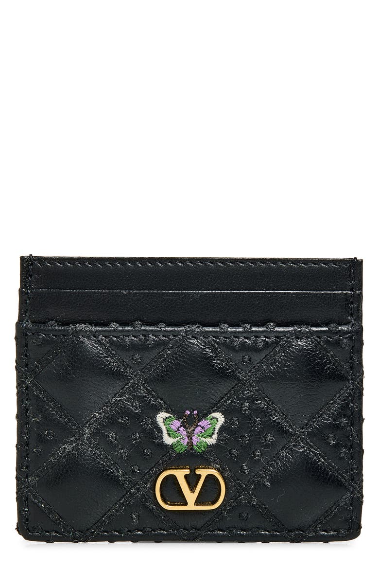 Flutterby Quilted Leather Card Case, Main, color, BLACK