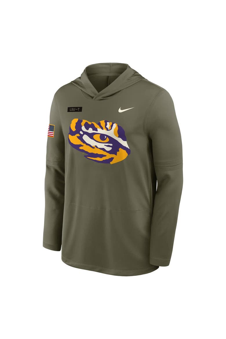 Men's Nike Olive LSU Tigers 2025 Military Appreciation Dri-FIT Long Sleeve Hoodie T-Shirt, Alternate, color, Olive