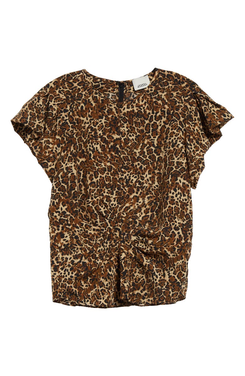 Isabel Marant Tullya Gathered Leopard Print Stretch Silk Top, Alternate, color, 