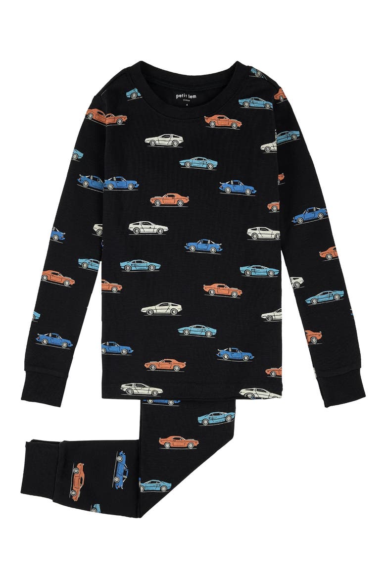 Kids' Car Print Fitted Two-Piece Organic Cotton Rib Pajamas, Main, color, BLACK