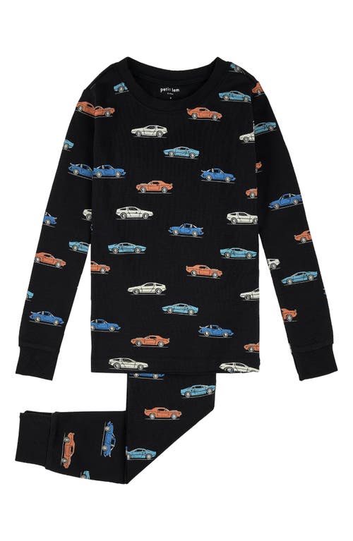 Petit Lem Kids' Car Print Fitted Two-piece Organic Cotton Rib Pajamas In Black