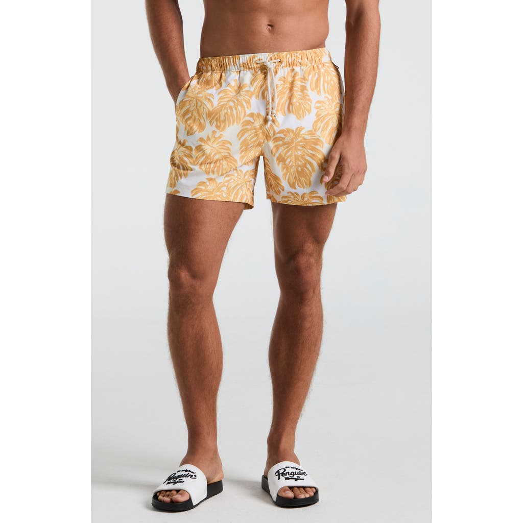 Original Penguin 5 All Over Print Monstera Swim Trunk In Jurassic Gold