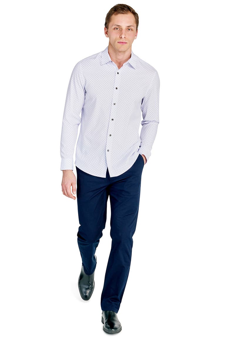 Trim Fit Abstract Square Print Performance Button-Up Shirt, Alternate, color, BLUE