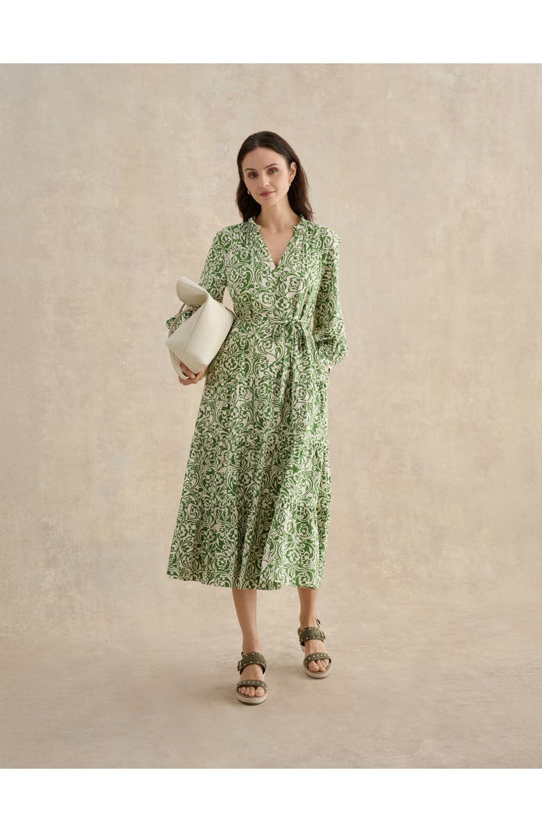 HOBBS LONDON Amaris Printed Shirred Waist Dress, Alternate, color, Green Cream