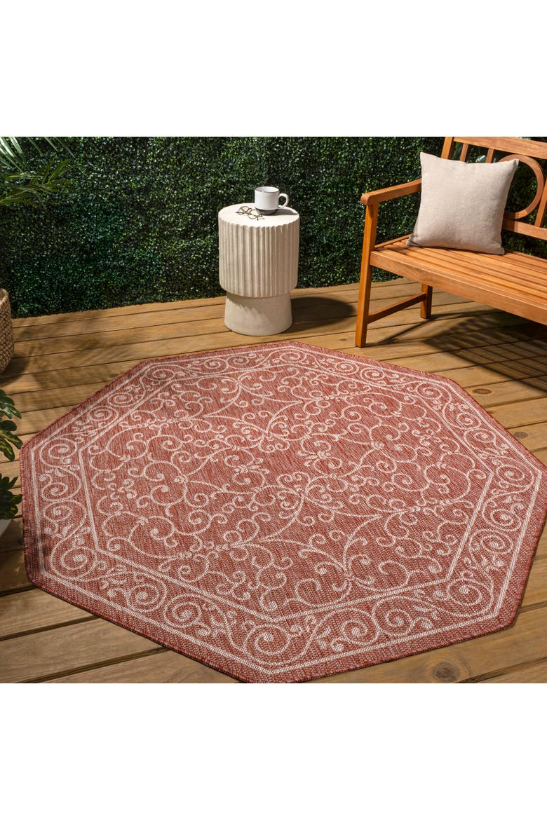 Charleston Vintage Filigree Textured Weave Octagon Indoor/Outdoor Area Rug, Alternate, color, Red/Beige