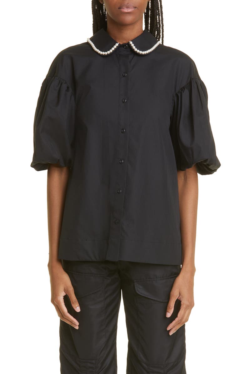 Simone Rocha Ruffle Trim Back Cutout Puff Sleeve Cotton Shirt, Main, color, 