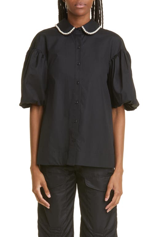 Simone Rocha Ruffle Trim Back Cutout Puff Sleeve Cotton Shirt In Black/pearl