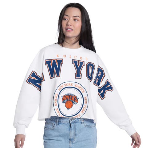 Women's G-III 4Her by Carl Banks  White New York Knicks Bleachers Cropped French Terry Sweatshirt