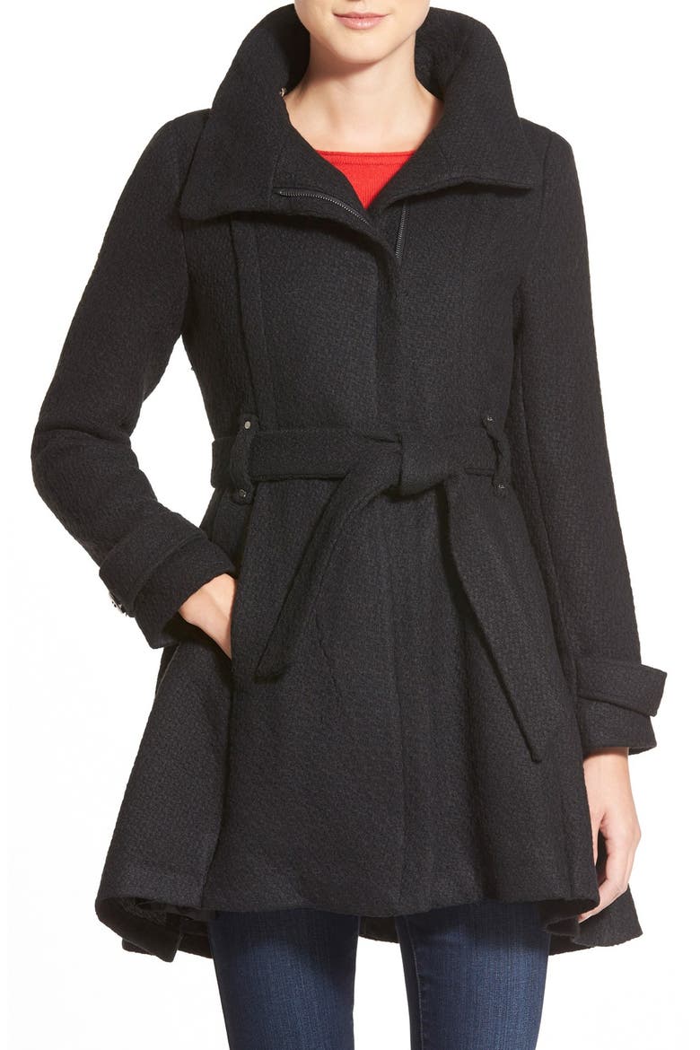 Steven Madden Asymmetrical Zip Skirted Coat, Main, color, BLACK