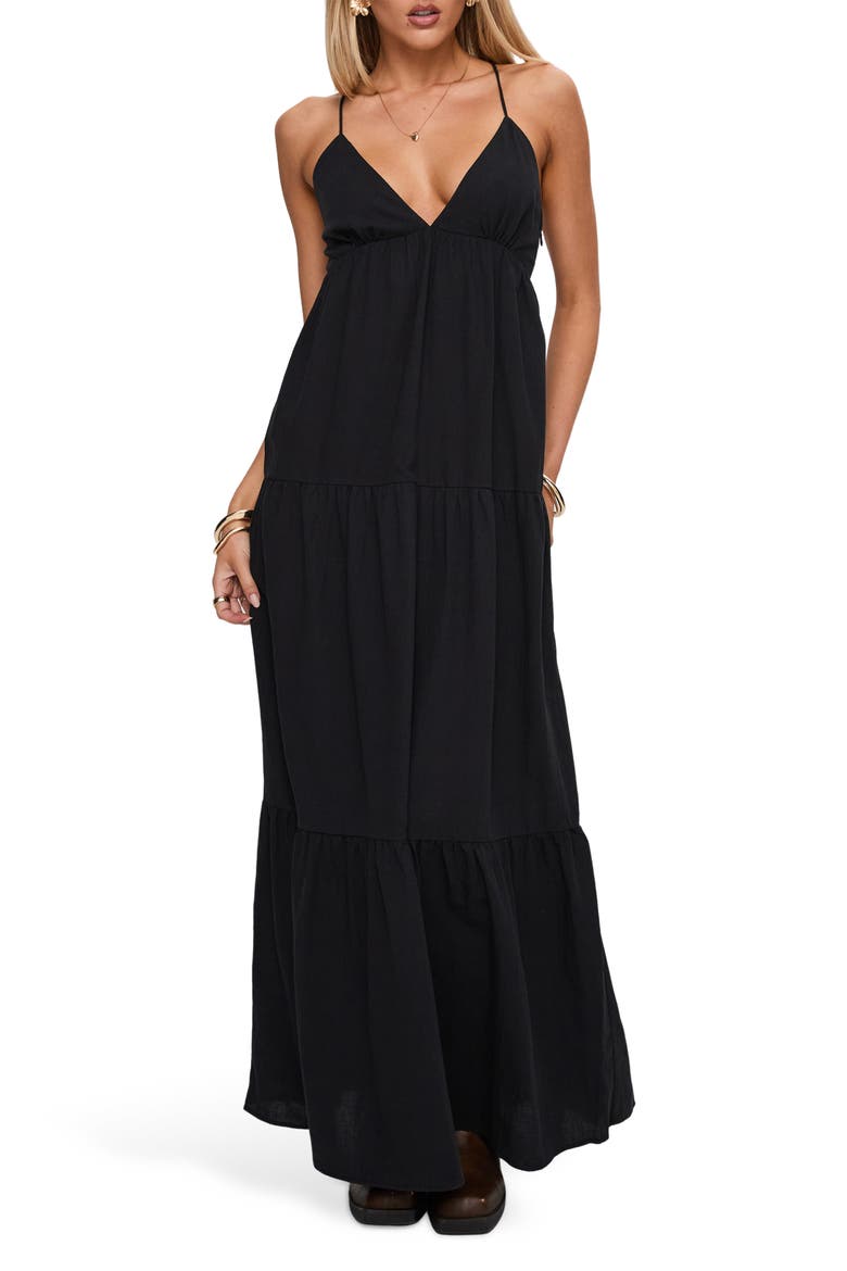 Chelsea Tiered Lace-Up Back Maxi Dress, Main, color, BLACK