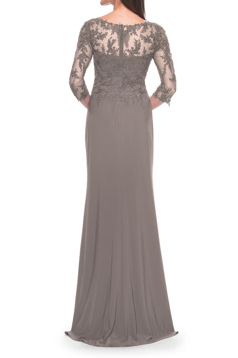 Long Evening Gown with Lace Illusion Sleeves and Neckline, Alternate, color, Platinum