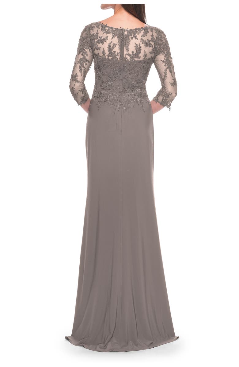 La Femme Long Evening Gown with Lace Illusion Sleeves and Neckline, Alternate, color, Platinum
