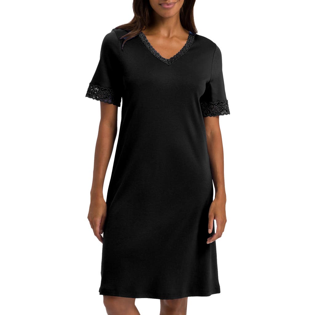 Shop Hanro Moments Short Sleeve V-neck Cotton Nightgown In 019 - Black